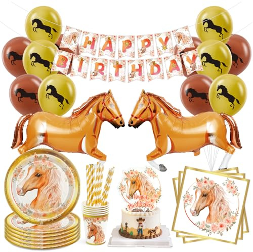 96 Stück Pferd Partygeschirr,Pferde Geburtstag Geschirr Set für 20 Gäste,Pferds Pappteller Becher Servietten Luftballon,Geburtstag Geschirr Deko für Jungen Mädchen