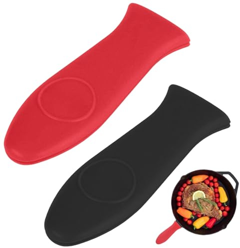 2 Pcs Silicone Hot Handle Holder, Washable Pan Handle Sleeves, Non-slip Pan Handles Holders for Kitchen BBQ and Baking Cookware Protect Your Hands (Black & red)