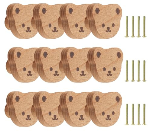GOMETY 12 Stück Bär Schrankknöpfe Holz Niedliche Holz Schubladengriffe Tiere Möbelknöpfe Schubladenknopf aus Bucheholz mit Schrauben Holzgriffe für Kinderzimmer Kommode Schrank und Küche