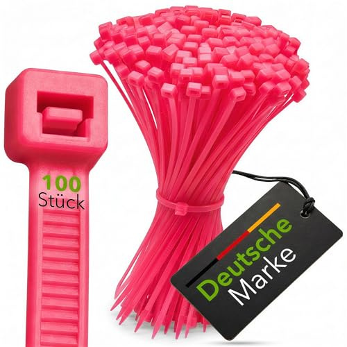 BeBo Kabelbinder Neon Pink 4,8 x 200mm 100 Stück fluoreszierend | Leuchtendes Neon-Pink, 23 kg Zugkraft, Bündeldurchmesser bis 50 mm. Für Kennzeichnung, Werkstatt und Deko im Innenbereich
