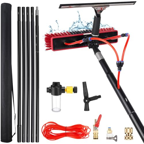 YFSMBD Window Cleaning Brush, 12 Meters Pole Washing Kit, Water-fed Brush,Squeegee, Soap Dispenser & 20m Hose,Water Fed Window Cleaning Pole Aluminium, Cleaner for Solar Panels & & Roofs, 35cm Brush