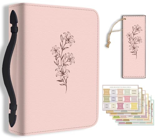 Hobbspring Lily Bibel Hülle Für Männer Frauen Lineare Pflanze Bibel Cover Mit Lesezeichen Schöne Blume Tragetasche Mit Griff Und Reißverschluss PU Leder Tasche Für Erwachsene Studenten Rosa