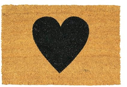 Natural Coir Door Mat with Black Heart | 60x40cm Non-Slip Welcome Mat for Front Door | Heavy Duty Coconut Fibre Entrance Rug, Indoor & Outdoor Porch Decor - Thick 16mm Bristles with PVC Backing