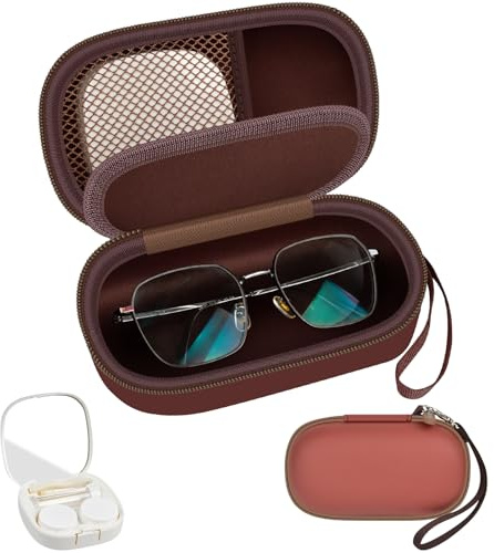 GWCASE Tragbares 2 in 1 Brillenetui Mit Kontaktlinsenbehälter Set, Reise Brillenbox Für Sonnenbrille Lesebrille Und Kontaktlinsen Zubehör, Hartes EVA Etui Mit Spiegel, Pinzette (Braun, 1 Pack)