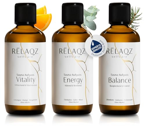 RELAQZ – Saunaaufguss Set 3 x 100ml (für bis zu 150 Anwendungen) Saunaessenz - Premium Aufgussmittel Saunakonzentrat alkoholfrei & mit naturreinen ätherischen Ölen - Geschenkset Saunaduft