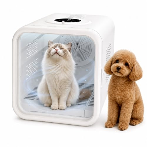 Caja secadora ultrasilenciosa para mascotas para gatos y perros pequeños, secado rápido de 360°, temperatura ajustable, diseño transparente, solución de aseo manos libres sin estrés
