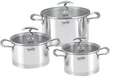HAUSSMANN Héritage -3pcs Marmite/Faitout en acier Inox,20/22/24cm avec couvercles en verre - tous feux dont Induction - HM-0621