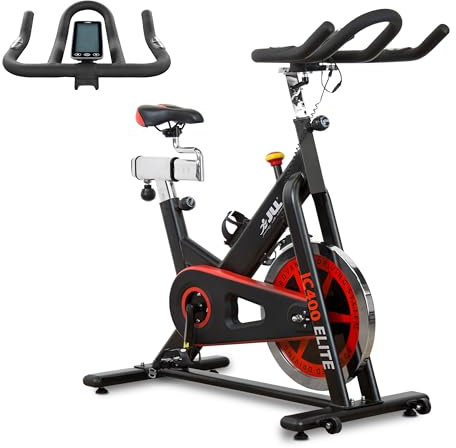 JLL IC400 ELITE Indoor Bike, Direct Belt Driven Exercise Bike For Home, 20kg Flywheel, Friction Resistance, Monitor, Heart Rate Sensors, Adjustable Seat, 12 Months Domestic Warranty, Black and Red