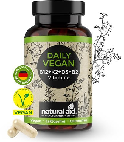 natural aid Daily Vegan Vitamin B Komplex [100% vegan] 120 Kapseln Vitamin B12, K2, D3, B2 laborgeprüft o. Zusätze in DE B Komplex D3 K2 Kapseln Vitamin B12