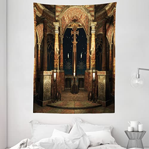 ABAKUHAUS gotisch Wandteppich, Alte Hall Pillars, Wohnzimmer Schlafzimmer Heim Seidiges Satin Wandteppich, 150 x 200 cm, Schwarz Braun Elfenbein
