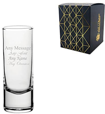 Vaso de chupito de base pesada de 60 ml de alto grabado personalizado, personalice con cualquier mensaje para cualquier ocasión, estilice a partir de una selección de fuentes, caja de regalo incluida