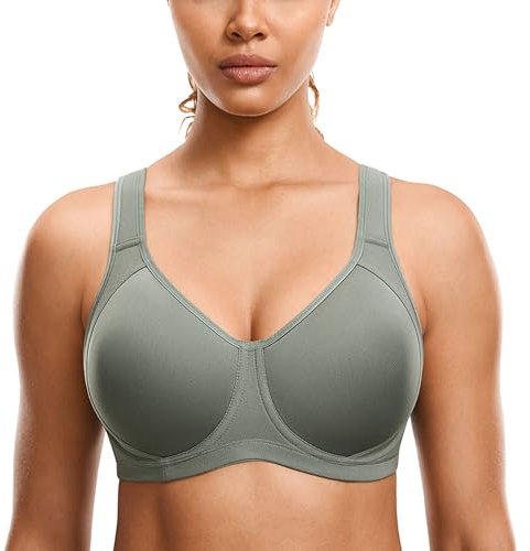 SYROKAN Damen Sport BH Starker Halt Verstellbarer X-Rücken, Große Brüste Leicht Gefüttert BHS mit bügel für Fitness Lauf Joggen Grauer Salbei 85D