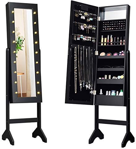 Multigot Jewellery Cabinet, LED Light Jewellery Standing Mirror Lockable Armoire, Adjustable Freestanding Makeup Storage Organizer Unit with Full Length Mirror for Bedroom and Dressing Room (Black)
