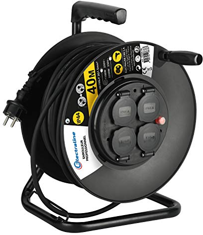 Electraline 208678 Enrouleur Electrique Professionnel 40M pour Chantier Prises IP44 avec Guide pour Le câble, Platine Fixe et poignée Ergonomique, Noir