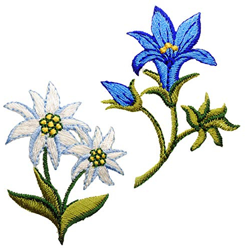 alles-meine.de GmbH 2 Stück Bügelbilder - Alpen - Edelweiß + Enzian - Blume - 5,9 cm * 4,7 cm - Aufnäher/Applikationen/Aufbügler - gewebte Flicken - Bügelflicken/Hosenfli..