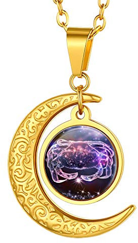 Suplight Personalized Zodiac Charm Necklaces Stainless Steel Star Sign Constellation Jewelry Gold Plated Cancer Zodiac Sign Crescent Moon Pendant Necklace for Women Girls