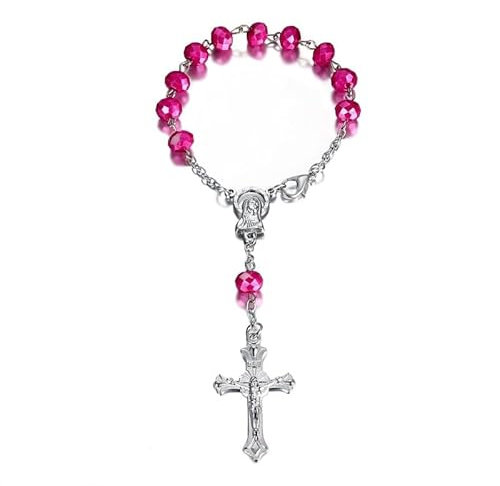 BOBIJOO JEWELRY - Mini Chapelet Voiture Camion Bracelet Marie Vierge Croix Pendentif Argent et Fushia