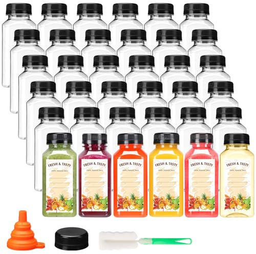 BAKHUK 36pcs 8oz Juice Bottles with Lids, Food Grade Reusable Clear Containers with Black Tamper Evident Caps for Juice, Milk and Other Beverages