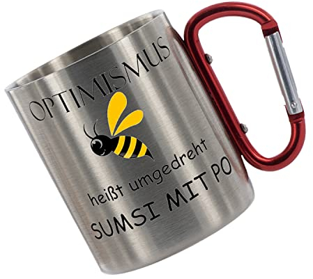 CreaLuxe Edelstahltasse mit Karabiner - Optimismus rückwärts heisst Sumsi mit Po - 330ml, Tasse bedruckt, Kaffeetasse, Bürotasse, Metalltasse
