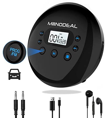 MONODEAL CD Player Tragbar mit FM Transmitter, Kabellose Verbindung mit Autolautsprecher, Tragbarer CD Player für Auto, Wiederaufladbar Discman CD Player mit Kopfhörer, Anti-Skip CD-Player klein