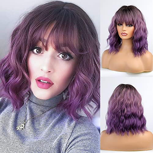 Esmee Bob Perruque Ombre Violet pour Femmes de 14 Pouces avec franges, Court onduléesNaturelle, Perruque Synthétique Résistante à la Chaleur pour la Fête Quotidienne Cosplay