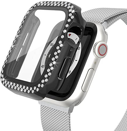 Worryfree Gadgets Schutzhülle für Apple Watch Serie 7, 41 mm, mit integriertem Displayschutz aus gehärtetem Glas, für Damen und Mädchen, Schwarz