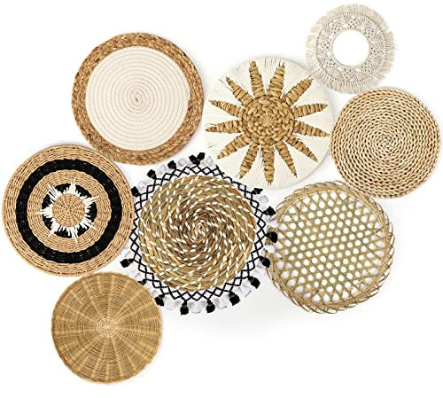 Set mit 8 Wandkörben Dekor Boho Wandbehang Dekor Rattan Wanddekoration Flach Runde Weide Gewebte Makramee Quasten Tapisserie Bambus Wandkorb Serviertablett Kunst Handmade Set für Zimmer Schlafzimmer