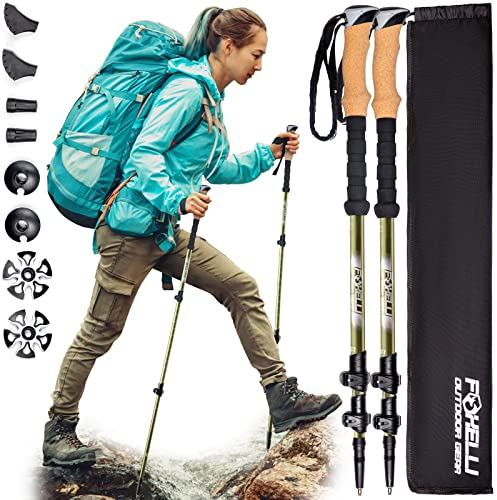Foxelli Trekkingstöcke aus Kohlefaser – leichte, zusammenklappbare Wanderstöcke, stoßdämpfende Wanderstöcke mit Naturkork-Griffen, Klappschlössern, Zubehör für 4 Jahreszeiten/Gelände und Tragetasche