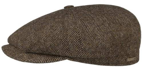 Stetson Hatteras Classic Wool Schiebermütze Herren Flatcap mit Baumwollfutter Fischgrätmuster Ballonmütze Herbst Winter braun-schwarz 64 cm