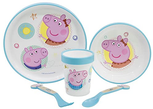 Set de vajilla infantil reutilizable antideslizante con base de silicona bicolor compuesto de plato, cuenco, vaso y cubiertos en caja de Peppa Pig