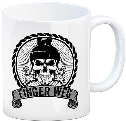 Totenkopf Finger Weg Kaffeebecher mit Banderole in grau markiere auf der Arbeit deinen Kaffee Totenkopf Tasse Schädel Kaffeetasse Knochen Totenköpfe dekorativ
