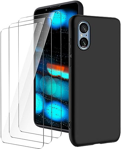 LYZXMY Hülle für Sony Xperia 5 V 5G(6.1) Schwarz Handyhülle + 3 Stück Gehärtetes Glas Schutzfolie, Case Weich Silikon TPU Schutzhülle Cover 9H Härte HD Gehärtetes Glasfolie Glas