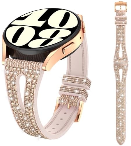 Kamita Glitzerarmband für Samsung Galaxy Watch 7 6 5 4, 20mm Silikon Diamant Ersatzarmbänder für Galaxy Watch 6 Classic/FE 2024/5 Pro, Strass Uhrenarmbänder für Damen Mädchen (Roségold)