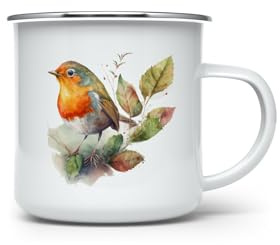 MAXIKIWI - Durable Enamel Coffee or Tea Camping Mug for Indoor Outdoor Use - American Robin Bird - 350ml