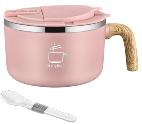 304 Edelstahl Instant Schüssel Groß 1200 Ml, Ramen Schüssel Mit Deckel, Mit Löffel, Für Nudeln, Pasta, Obst, Nudelsalat Und Reisschale (Rosa)