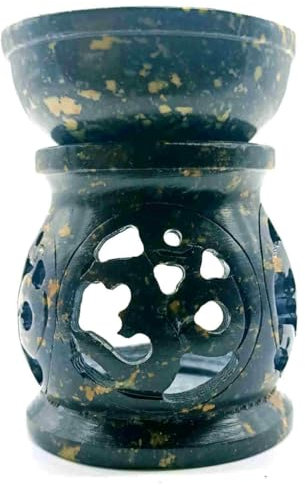 CRIGEMA Duftbrenner aus Speckstein – Brenner mit Kerzenhalter und Diffusor für ätherisches Öl aus Indien – Aromatherapie, Dekoration, Meditation (OM (9 x 7 x 7 cm)