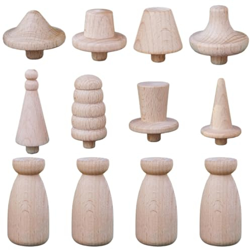 SEWACC 12 Stück Natürliche Unfertige Holzpuppenkörper Mit Hüten Hochwertige Menschenformen Unfertige Holzfiguren Zum Bemalen Von Holzpuppen Für Kunst Und Handwerk Bemalt