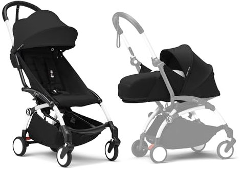 Stokke YOYO3 Kinderwagen mit Neugeborenen Set - Enthält weißem Rahmen, YOYO 6 + Textilset (Schwarzes) & 0 + Neugeborenen Set (Schwarzes)