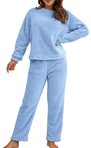 Hosenanzug für Damen und Mädchen, 2024, Kleidungsset, zwei Oberteile, Hose, Anzug, Farbe, langärmelig, Winter, Plüschpullover, Strickset, Schneehose, Damen-Overall, blau, 42