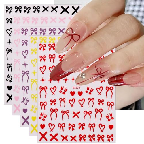 JMEOWIO 8 Sheets Heart Bow Tie Nail Art Stickers Decals Self-Adhesive Colorful Nail Supplies Nail Art Design Decoration Accessories