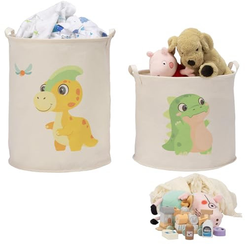 Navaris 2er Set Aufbewahrung für Kuscheltier Spielzeug - 2x Wäschekorb Aufbewahrungskorb für das Kinderzimmer - Aufbewahrungsbox Set für Kinder Baby - Dinosaurier Grün