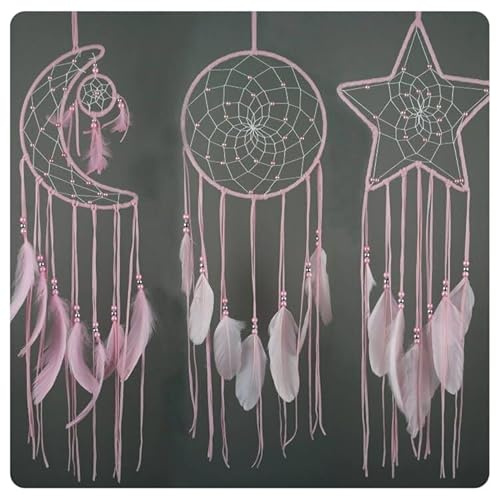 Hrlace 3 Stück Traumfänger im Boho-Stil Mond Sonnen Stern Design Gross Traumfänger Federn Dreamcatcher Handgefertigt Chic Wandkunst Deko für Vintage-Hochzeit oder zur Heimdekoration Rosa