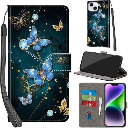 PHINIENLAND Wallet Flip Case for iPhone 14 Plus Leather Green Butterfly | 3 Card Slots & 1 Cash Pocket, Magnetic Closure, Kickstand, Premium PU Leather flip cover for iPhone 14 Plus