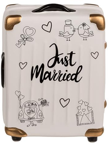 Seaside No.64 - Spardose Just Married als Gepäckstück aus Keramik - Hochzeitsgeschenk zum Mitnehmen in die Flitterwochen - Sammelbox für Geldspenden zur Vermählung - Dekoobjekt zum Sammeln (Trolly)