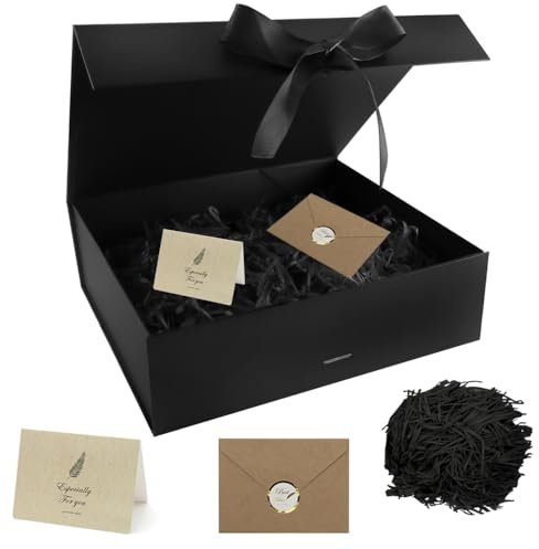 GOIYZTTR Magnetische Geschenkbox mit Deckel 30 * 24 * 10cm Geschenkbox Groß Schwarz Wiederverwendbar Magnetfaltbox mit Schleife Grußkarten und Raffia für Geschenkverpackung