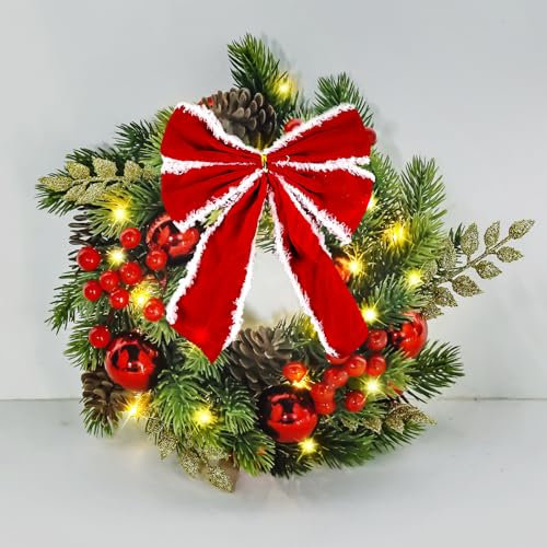 LED Weihnachtskranz, LED Türkranz Weihnachten Adventskranz Weihnachten Beleuchtet Batterie Dekokranz Tischkranz Weihnachtsdeko als Tür- und Tisch-Dekoration Mit Schleife Weihnachtsdeko Ca. 33 cm