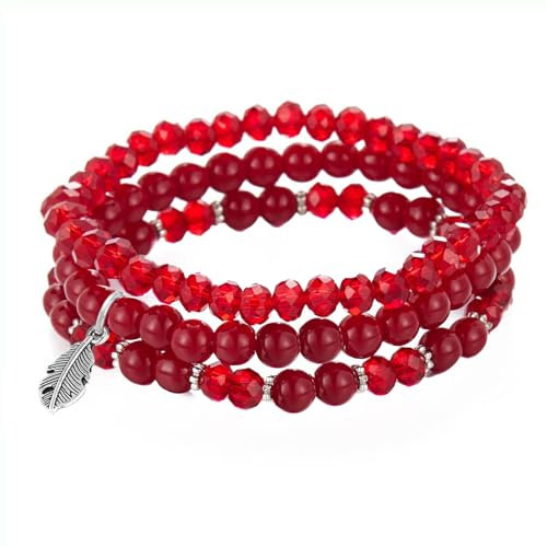 Hernin Damen Kristall Perlen Armband Perlenarmband Stretch Armbander Boho Perlenarmband mit Feder-Anhänger Mehrschichtiges Boho Perlenarmbander Stretch für Frauen Damen (Braun) (Rot)