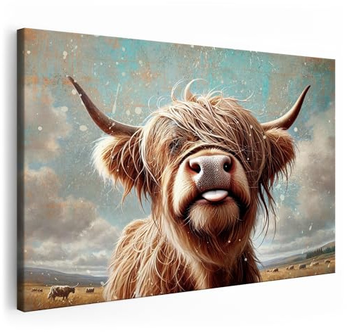 Artmazing | Hochlandrind Bild bunt | S-Art Bilder | Hochlandrind Bilder Modern | Coole Wandbilder Wohnzimmer | Wandbild Hochlandrind Deko XXL | Bild Leinwand XXL | buntes Poster für Wand