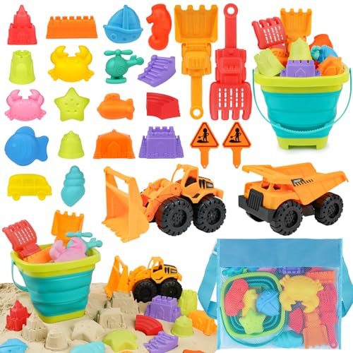 YIMORE 26 Pièces Jouet de Plage, Bac à Sable Jouets de Plage avec Bulldozer, Véhicules Construction, Sac en Filet, Seau Plage Enfant, Seau Pelle Rateau Jeux de Plage pour Enfants