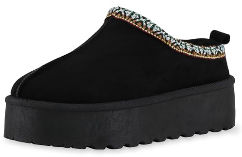 VAN HILL Damen Hausschuhe Pantoffeln Warm Gefüttert mit Plateau Prints Profilsohle